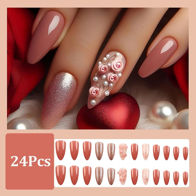 ASABITE 24 Pcs Pink Valentine’s Day Press on Nails Almond Medium Fake Nails with Glue 3D Flower False Nails with Pearl Design Glitter Full Cover Valentines Nails Reusable Stick on Nails for Women Spring Nails - Image 2